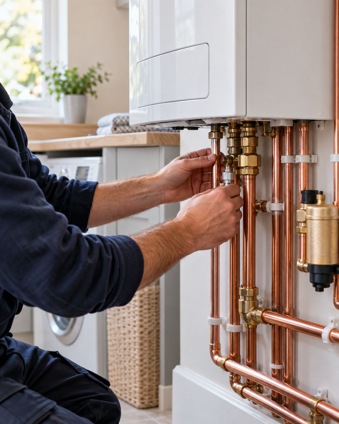 Illustration of a technician inspecting domestic heating pipework